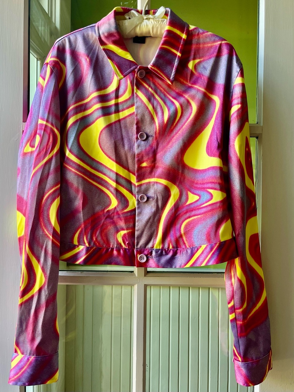 ASOS Unisex Bold Button-Up Satin Jacket in Yellow & Pink Swirls
